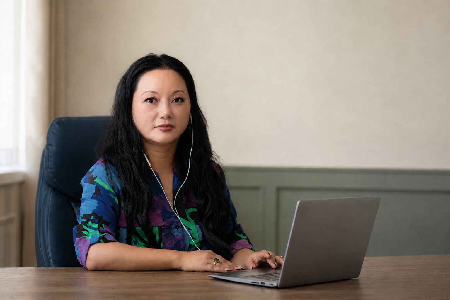 Lauren Wang conducting an online Akashic Reading with a laptop and wired earphones.